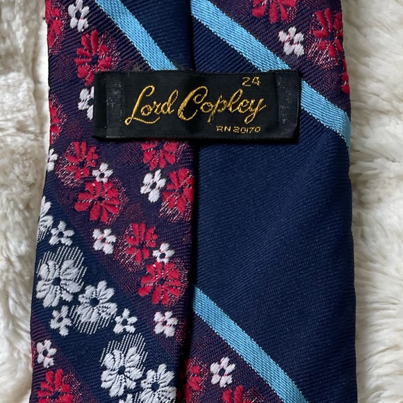 Lord Copley Vintage Wide Embroidered Blue & Red Daisy Floral Tie w Stripes - Picture 2 of 5